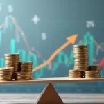 Ilustração realista de uma balança financeira com moedas e gráficos de investimento, mostrando equilíbrio e risco