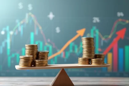 Ilustração realista de uma balança financeira com moedas e gráficos de investimento, mostrando equilíbrio e risco