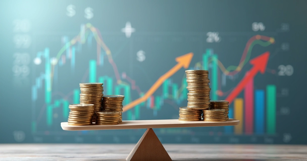 Ilustração realista de uma balança financeira com moedas e gráficos de investimento, mostrando equilíbrio e risco