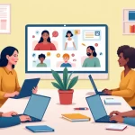 Ambiente de aprendizado online, alunos diversificados em laptops com tela de aula virtual e elementos interativos.