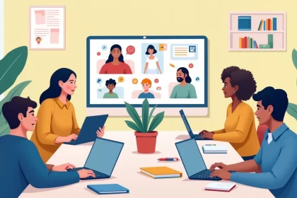 Ambiente de aprendizado online, alunos diversificados em laptops com tela de aula virtual e elementos interativos.