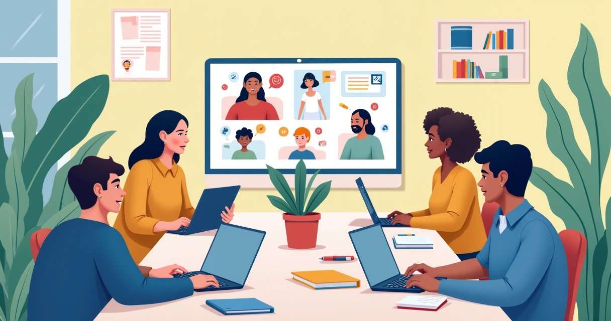 Ambiente de aprendizado online, alunos diversificados em laptops com tela de aula virtual e elementos interativos.