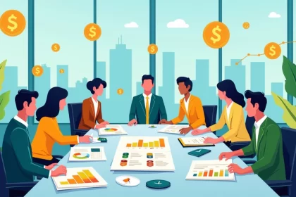 Profissionais em um ambiente financeiro analisando benefícios fiscais de investimentos, com gráficos e vista da cidade ao fundo.