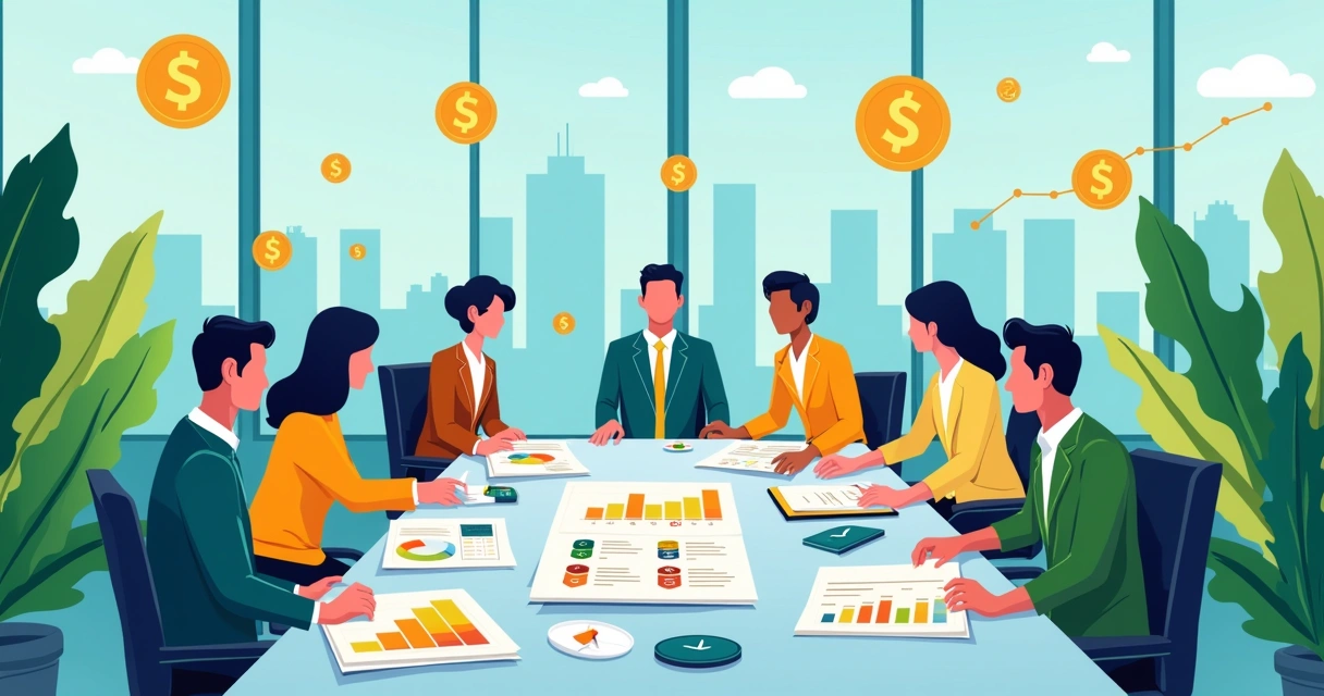 Profissionais em um ambiente financeiro analisando benefícios fiscais de investimentos, com gráficos e vista da cidade ao fundo.