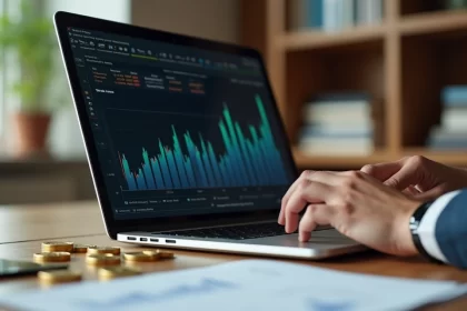 Pessoa avaliando gráficos financeiros em laptop com moedas e cartão cashback na mesa
