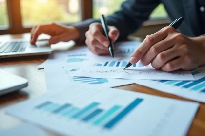 Mesa com papéis e gráficos de investimentos, pessoa analisando dados com caneta e calculadora