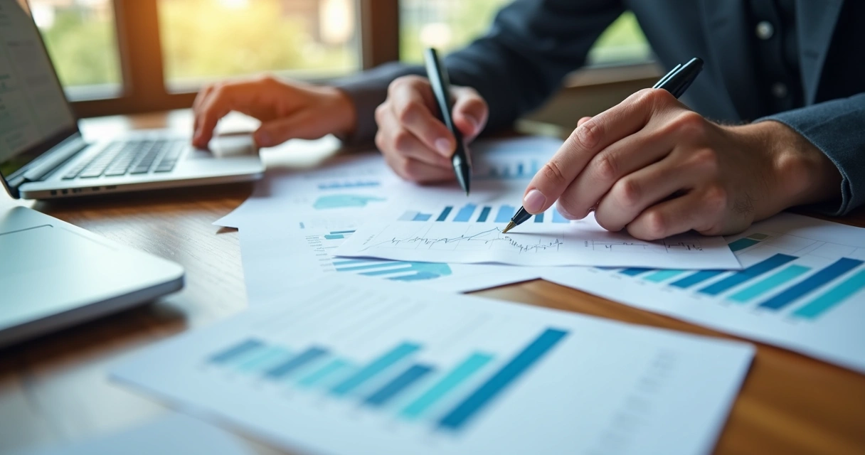Mesa com papéis e gráficos de investimentos, pessoa analisando dados com caneta e calculadora