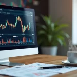 Tela de computador exibindo gráficos financeiros detalhados e análises de IPOs com documentos e café ao lado