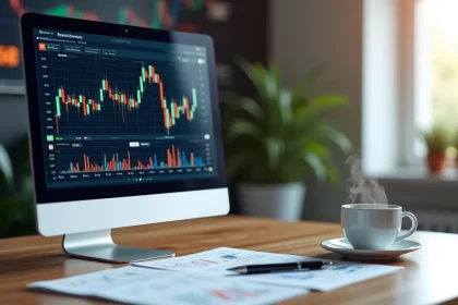 Tela de computador exibindo gráficos financeiros detalhados e análises de IPOs com documentos e café ao lado