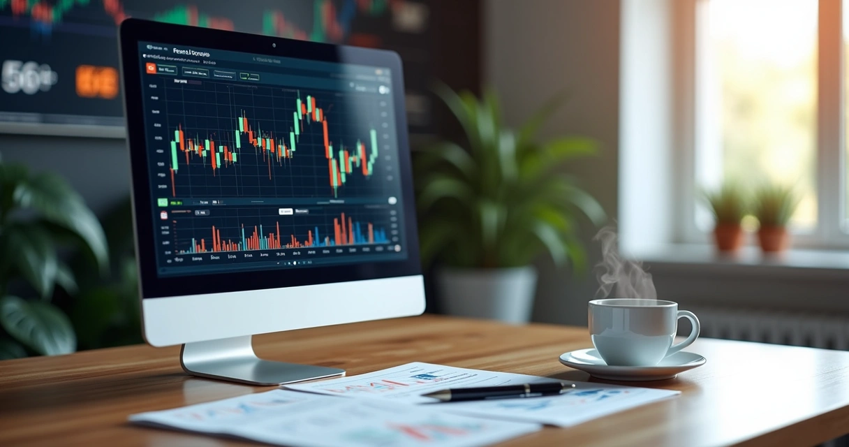 Tela de computador exibindo gráficos financeiros detalhados e análises de IPOs com documentos e café ao lado