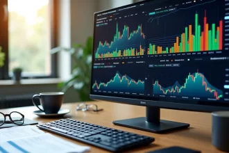 Gráfico financeiro com barras e linhas mostrando rentabilidade relativa e absoluta de investimentos no computador