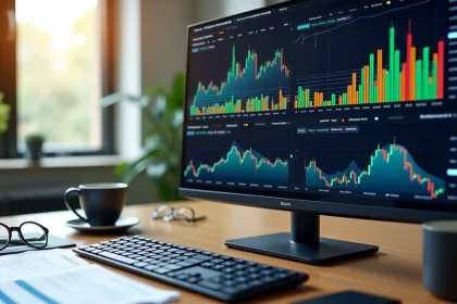 Gráfico financeiro com barras e linhas mostrando rentabilidade relativa e absoluta de investimentos no computador
