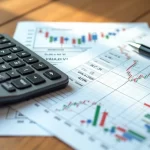 Mesa com calculadora e gráfico financeiro impresso mostrando cálculos de financiamento