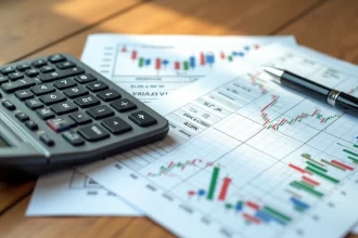 Mesa com calculadora e gráfico financeiro impresso mostrando cálculos de financiamento