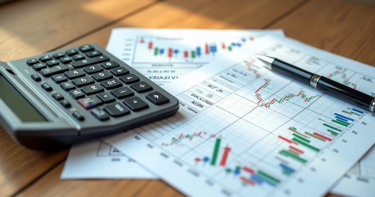 Mesa com calculadora e gráfico financeiro impresso mostrando cálculos de financiamento