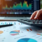 Mãos segurando uma calculadora sobre uma mesa com gráficos financeiros e documentos de fundos de investimento