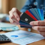 Mãos segurando vários cartões de crédito com uma calculadora e despesas desenhadas ao redor