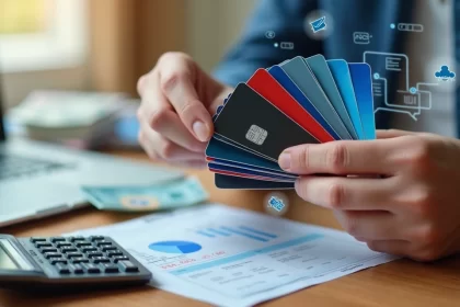 Mãos segurando vários cartões de crédito com uma calculadora e despesas desenhadas ao redor