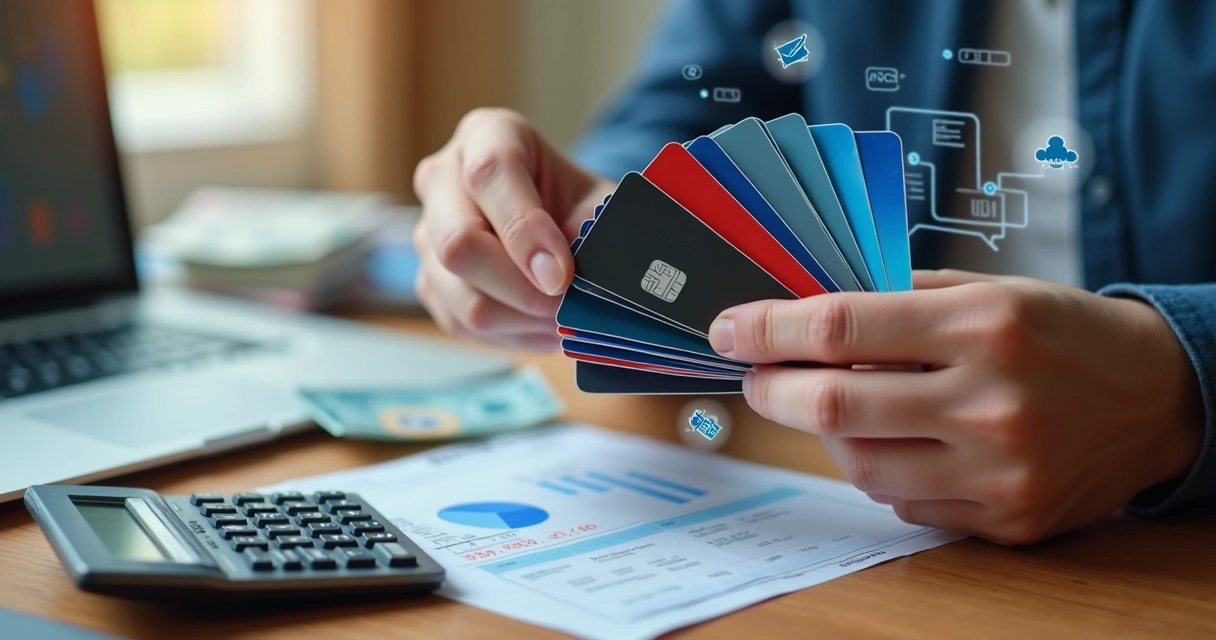 Mãos segurando vários cartões de crédito com uma calculadora e despesas desenhadas ao redor