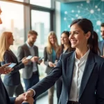 Cena vibrante de profissionais interagindo em um ambiente corporativo moderno, simbolizando networking.