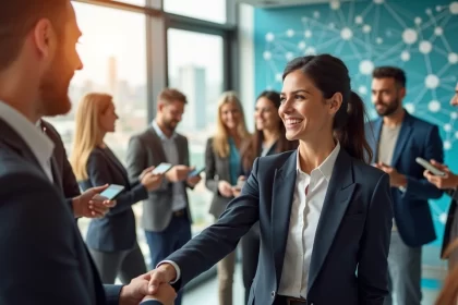 Cena vibrante de profissionais interagindo em um ambiente corporativo moderno, simbolizando networking.