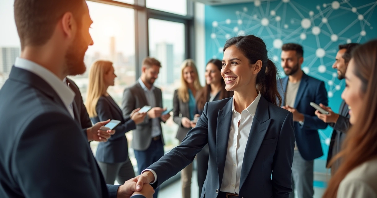 Cena vibrante de profissionais interagindo em um ambiente corporativo moderno, simbolizando networking.