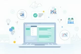 Ilustração de um laptop mostrando a interface do ChatGPT Plus e ícones de benefícios ao redor.