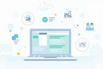 Ilustração de um laptop mostrando a interface do ChatGPT Plus e ícones de benefícios ao redor.