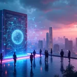 Vista de uma cidade digital iluminada, representando aprendizado profundo com arranha-céus e dados holográficos.