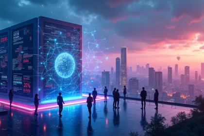 Vista de uma cidade digital iluminada, representando aprendizado profundo com arranha-céus e dados holográficos.