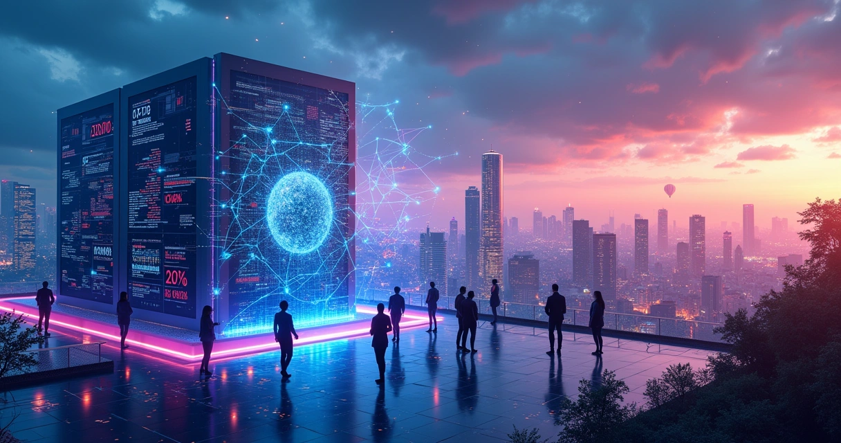 Vista de uma cidade digital iluminada, representando aprendizado profundo com arranha-céus e dados holográficos.