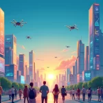 Ilustração de uma cidade vibrante com fintechs emergentes, mostrando pessoas interagindo com dispositivos digitais.