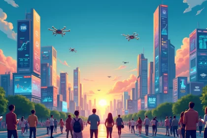 Ilustração de uma cidade vibrante com fintechs emergentes, mostrando pessoas interagindo com dispositivos digitais.