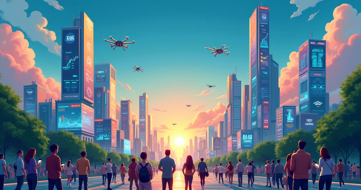 Ilustração de uma cidade vibrante com fintechs emergentes, mostrando pessoas interagindo com dispositivos digitais.