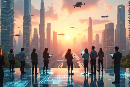 Cidade futurista em 2025 com arranha-céus, pessoas analisando dados financeiros e carros voadores.