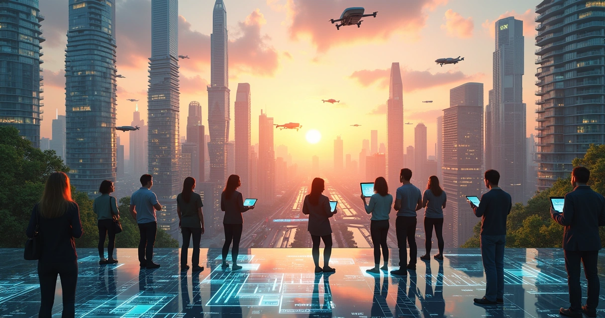 Cidade futurista em 2025 com arranha-céus, pessoas analisando dados financeiros e carros voadores.