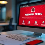 Computador na mesa com tela mostrando alerta de fraude financeira