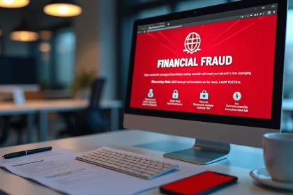 Computador na mesa com tela mostrando alerta de fraude financeira