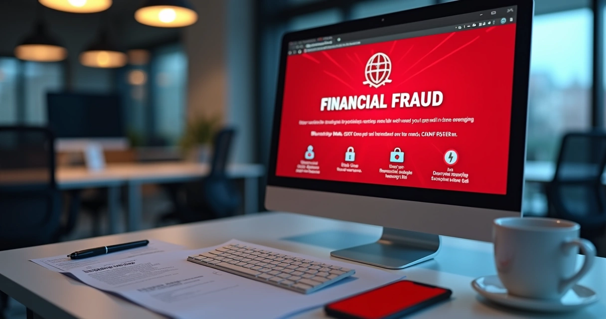 Computador na mesa com tela mostrando alerta de fraude financeira