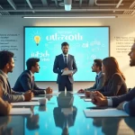 Grupo diversificado em uma sala de reunião moderna discutindo sobre comunicação assertiva.