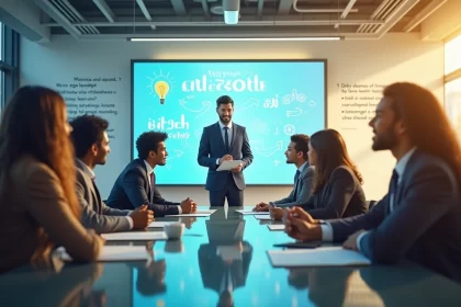 Grupo diversificado em uma sala de reunião moderna discutindo sobre comunicação assertiva.