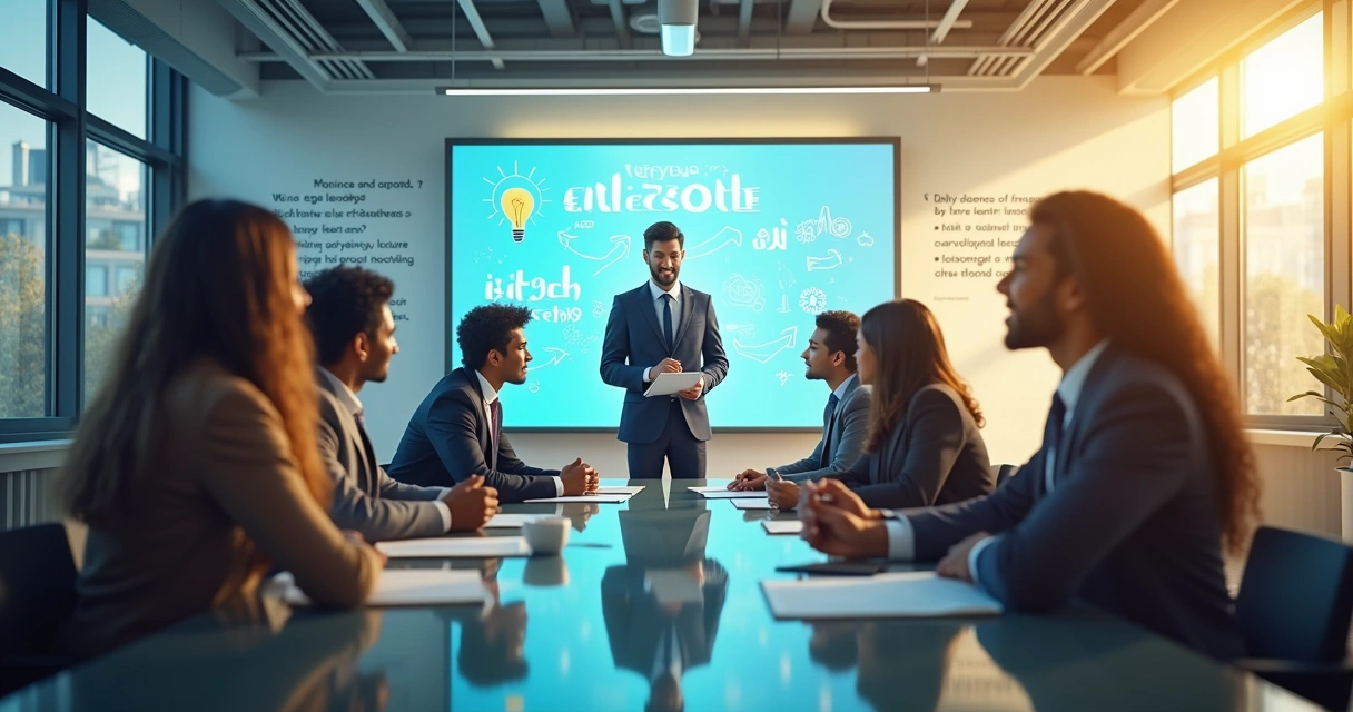 Grupo diversificado em uma sala de reunião moderna discutindo sobre comunicação assertiva.