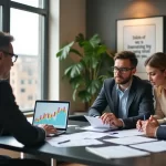 Consultor de investimentos orientando clientes em escritório moderno com gráficos financeiros e cidade ao fundo.