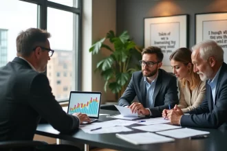 Consultor de investimentos orientando clientes em escritório moderno com gráficos financeiros e cidade ao fundo.