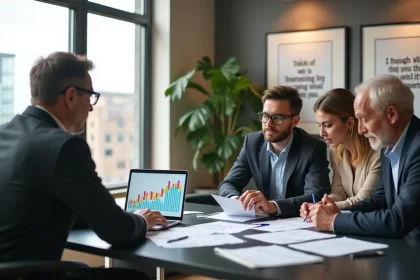 Consultor de investimentos orientando clientes em escritório moderno com gráficos financeiros e cidade ao fundo.