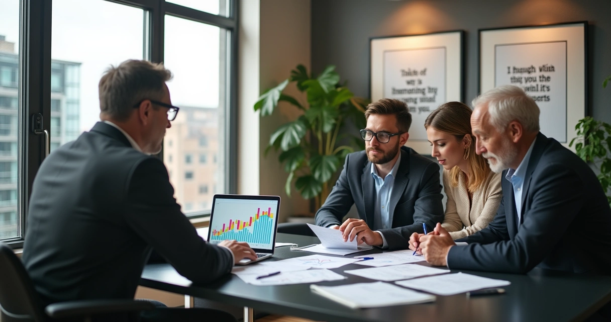 Consultor de investimentos orientando clientes em escritório moderno com gráficos financeiros e cidade ao fundo.