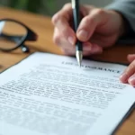 Mãos segurando uma caneta assinando um contrato de seguro de vida em mesa de madeira com papel e calculadora ao lado
