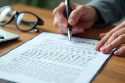 Mãos segurando uma caneta assinando um contrato de seguro de vida em mesa de madeira com papel e calculadora ao lado