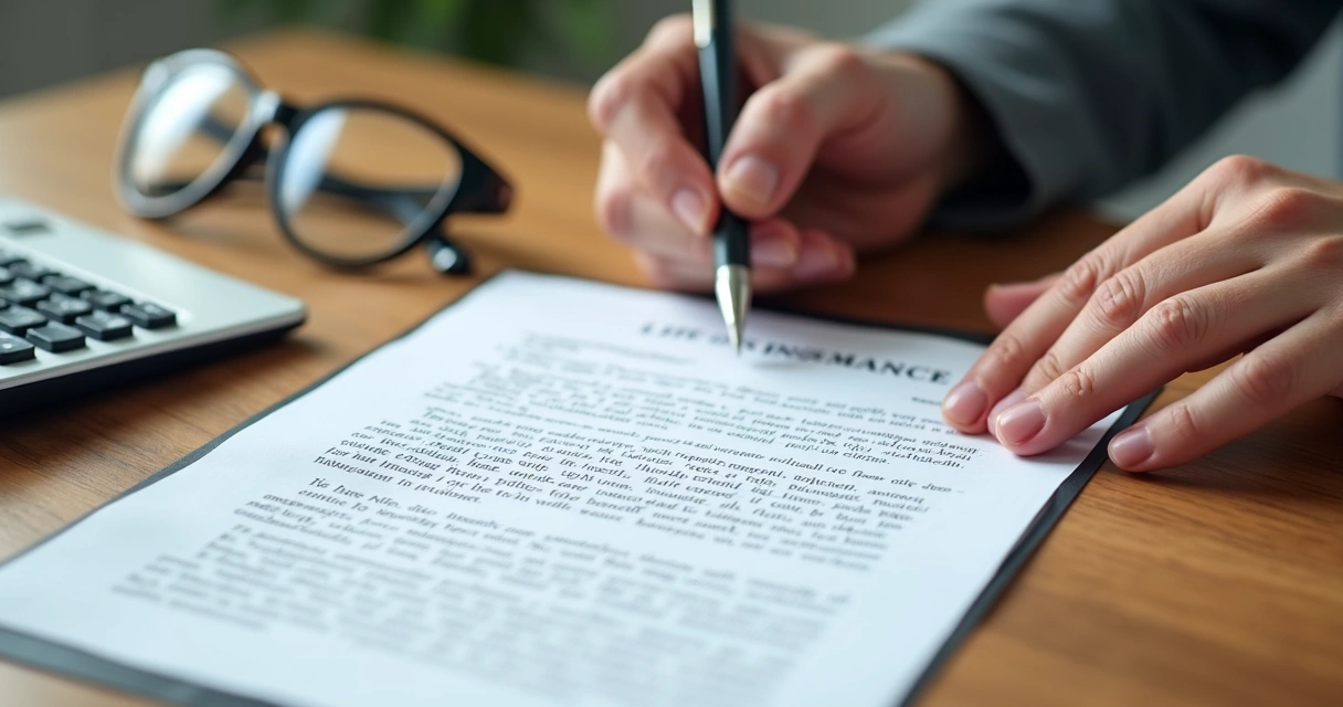 Mãos segurando uma caneta assinando um contrato de seguro de vida em mesa de madeira com papel e calculadora ao lado