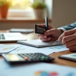 Pessoa organizando contas com cartão de crédito, calculadora, caderno e laptop sobre mesa de madeira clara